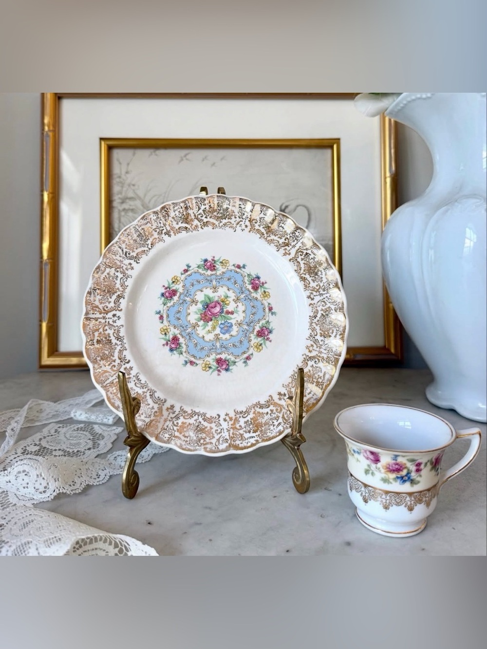 Vintage Floral Gold-Trim Limoges Plate & Goldcastle Teacup
